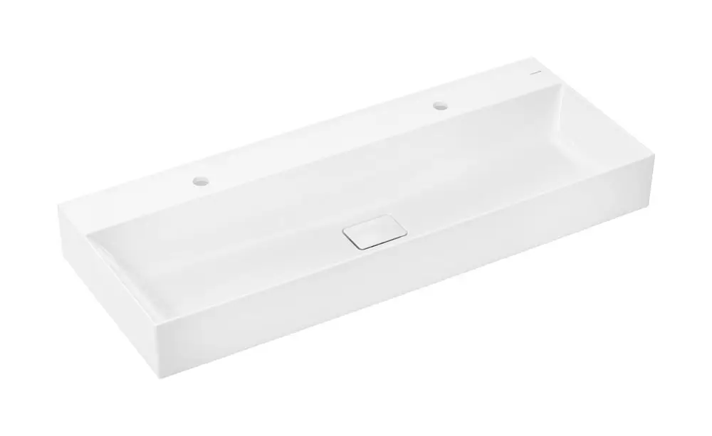Waschtisch von Hansgrohe in Weiß mit rechteckiger Form und zwei Hahnlöchern, ohne Überlauf. Glatte Oberfläche ohne dekorative Elemente.